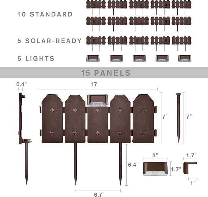 Garden Border Edging: Wooden Grain Fence Dog Ear Design with Solar Lights- Landscaping Fence Liner Lawn Edge Barrier - Decorative Lawn Landscape Panels Elements -Landscaping Edging, 21 ft.