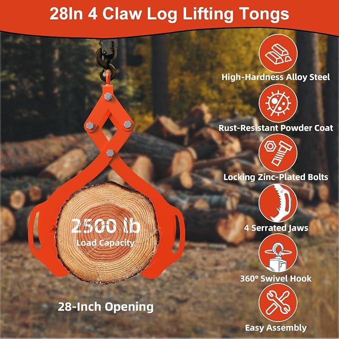 Log Lifting Tongs 28 Inch - 2500LBS Load Capacity Heavy Duty Log Grapple with 4 Serrated Claw Hooks & Handles, Logging Tongs for Tractors, Trucks, Forklifts, Orange