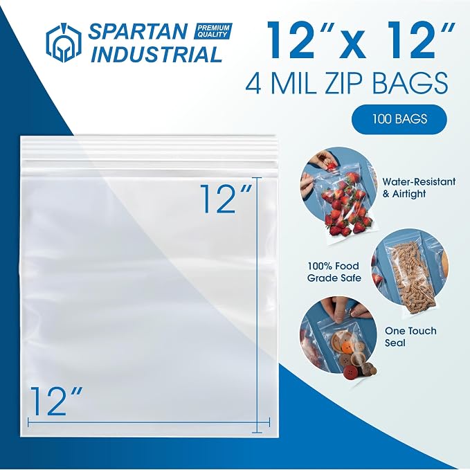 Spartan Industrial - 12" X 12" Heavy-Duty Square Plastic Zip Bags (100 Count) - 4 Mil Clear Resealable Plastic Bags for Clothes and Storage