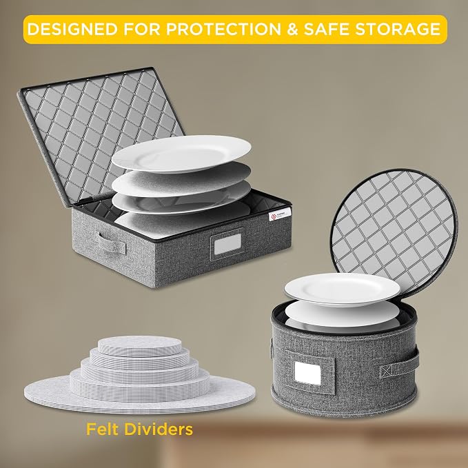 China Storage Containers Hard Shell,Moving Boxes for Mugs,Wine Glassess,Plates,Sausers,Utensils and Dinnerware, Sturdy Dish Organizer with Felt Dividers,8-Piece Set,Grey