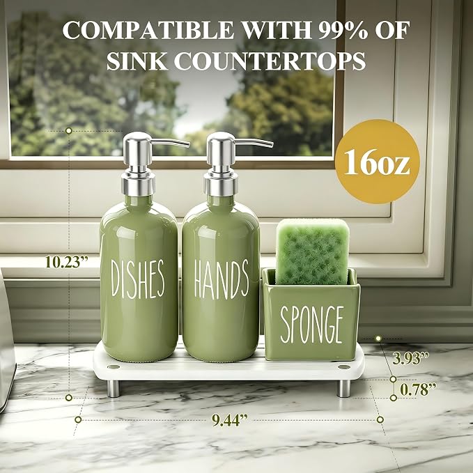 Cisily Kitchen Soap Dispenser Set Comes with Ceramics Sponge Holder, Silver Pumps, and Instant Dry Tray, Hand and Dish Soap Dispenser Set, Kitchen Sink Olive Green Decor