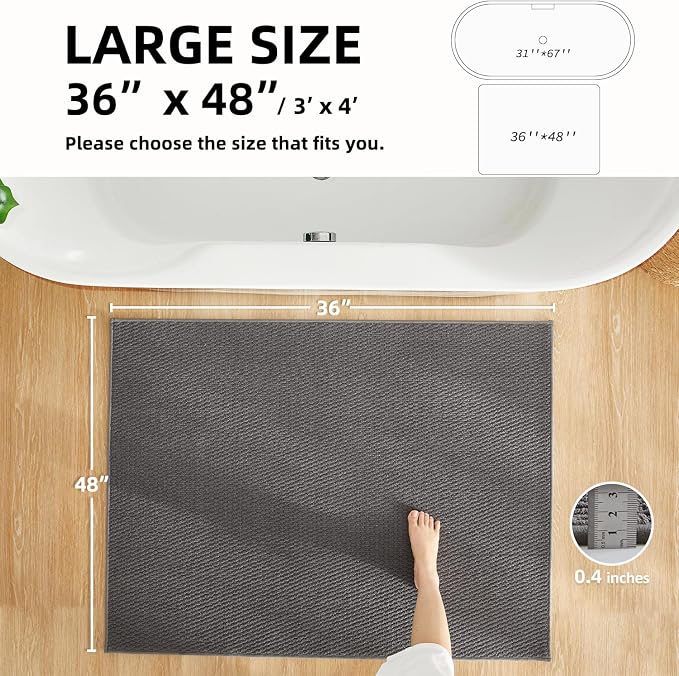 TYUU Large Bathroom Rugs Non Slip Washable Bath Rugs Super Absorbent Bathroom Rug Thin Quick Dry Low Pile Bath Mats, Dark Grey 36"x48"