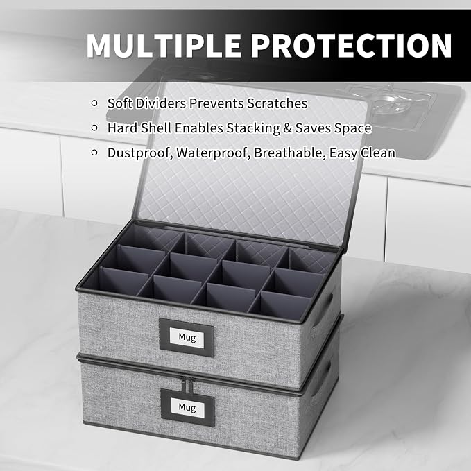 2-Pack Cup Storage Box with Dividers, Hard Shell Mug Organizer with Lid | Holds 24 Mugs, Teacups & Glasses, Quilted, Dual Zippers, Reinforced Handles, Stackable, Moving and Seasonal Storage, Grey