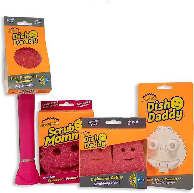 Scrub Daddy Scrub Mommy Dish Wand, Refill Heads, Sponge & Connector Head, Soap Dispensing Dish Brush, Texture Changing Washing Up Sponge, Dual Sided Non Scratch Scourers with Liquid Handle - Pink