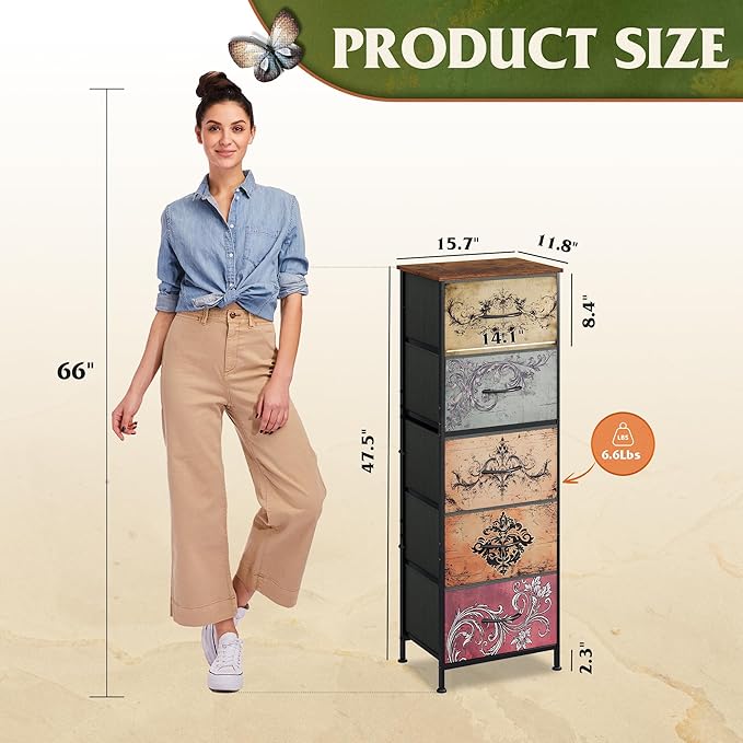 WLIVE Fabric Dresser, 5-Drawer Tall Dressers for Bedroom, Storage Dresser Organizer with Fabric Bins, Wood Top, Sturdy Steel Frame, Chest of Drawers for Closet, Hallway, Pattern