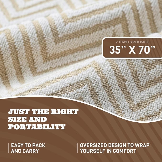 White Classic Cotton Beach Towels Oversized 35 x 70 Inches, Ultra Absorbent and Low Lint Luxury Pool Towels, Chevron Design, Beige, 2 Pack