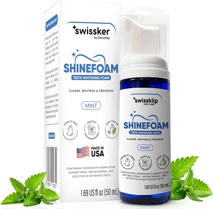Swissker by Swissklip ShineFoam Teeth Whitening Foam – Stain Remover | Whitening Gel Kit, Teeth Whitener, Hydrogen Peroxide Formula, Mint Flavor, Coffee & Wine Stain Removal, For Braces & Aligners