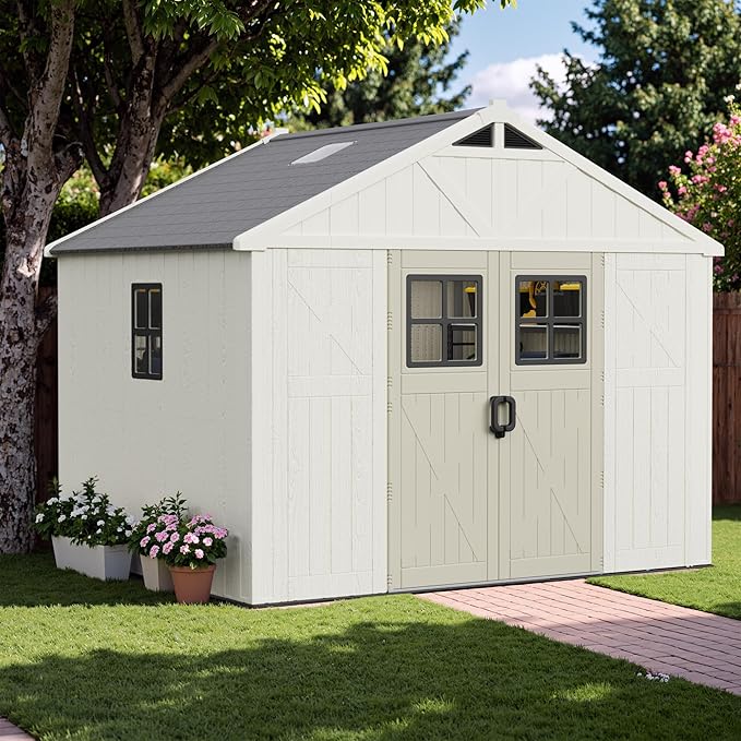 Greesum 10X8FT Plastic Outdoor Storage Shed with Floor and Lockable Door, Resin Sheds with 3-Windows and Multiple Skylights, HDPE Kick-it Shed for Garden, Patio, Backyard, Beige