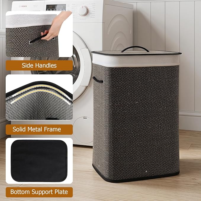 Giantex Bamboo Laundry Hamper with Lid, Removable Liner & Portable Handles | 19 Gal Large Capacity Clothes Hamper, Rectangular Laundry Basket for Bedroom Bathroom Laundry Room, Dark Taupe