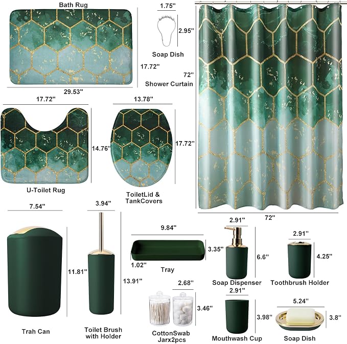 25 Pieces Bathroom Set Green and Gold Bathroom Accessories Set, Shower Curtain and Rugs, Trash Can, Toilet Brush, Soap Dispenser, Soap Dish, Toothbrush Holder, Tumbler, Tray, Qtip Holder