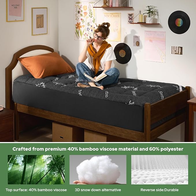 BEDLORE Twin XL Mattress Topper Viscose Derived from Bamboo, Thick Pillow Top Mattress Pad with Deep Pockets for 6-15 inches Mattress, Soft Mattress Topper College Dorm Size for Back Pain(Dark Gray)