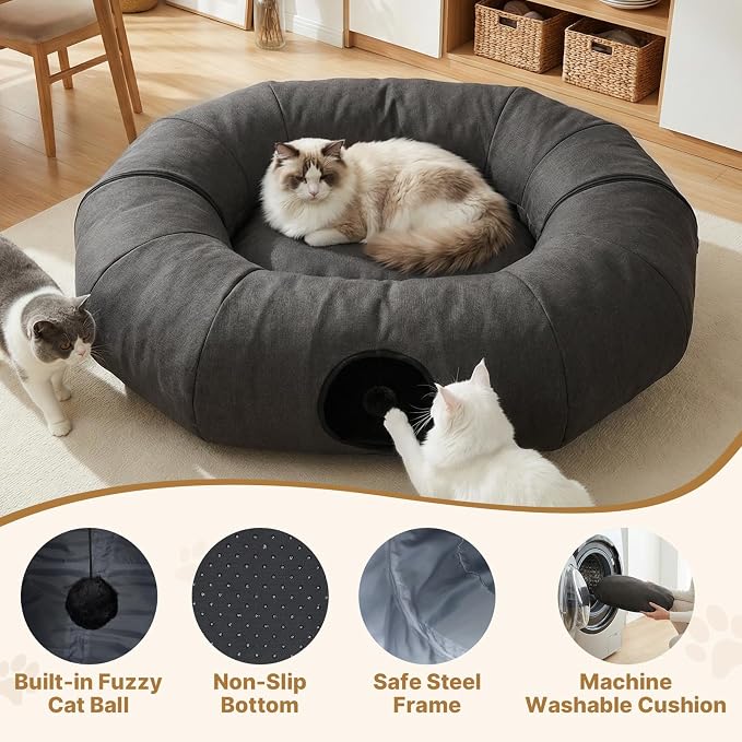 Extra Large Cat Tunnel, Cooling Natural Linen Big Tunnel for Large Cats, 47.2in Multi-Cat Family Long Cat Tunnel Bed with Washable Mat, Breathable & Durable Big Cat Tunnel for Cats, Dark Grey