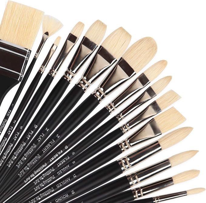 Falling in Art Oil Paint Brush Set, Natural Hog Bristle Paintbrush Set, 15PCS Long Handled Professional Paint Brushes for Acrylic Painting, Oil Paint Brushes with Bamboo Storage Pouch