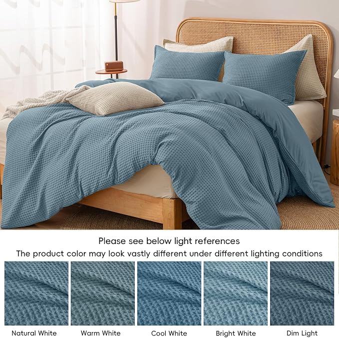 PHF Waffle Duvet Cover Set Queen Size, No Snagging Ultra Soft Luxury Textured Breathable Comforter Cover for All Season 3pcs, Durable Bedding Duvet Set with 2 Pillow Shams, 90"x90", Stormy Blue
