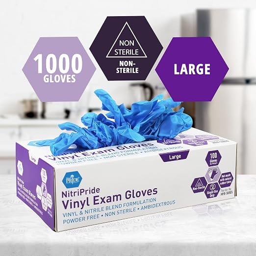 MED PRIDE Nitrile/Vinyl Blend Exam Gloves, Powder-Free, Latex-Free, Disposable, Non-Sterile, Blue, Large (Case of 1000)