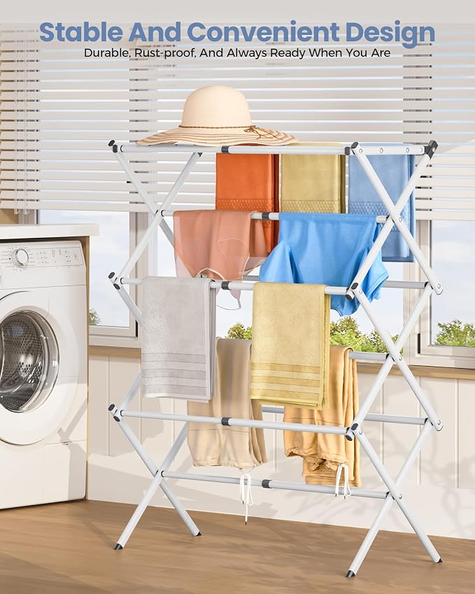 APEXCHASER Oversize Clothes Drying Rack, 3-Tier Drying Rack Clothing, Expandable Metal Laundry Drying Rack, Air Drying Rack, Clothes Rack, No install, 24lb Capacity, 14.9" D x 29.3" W x 39.3" H, White