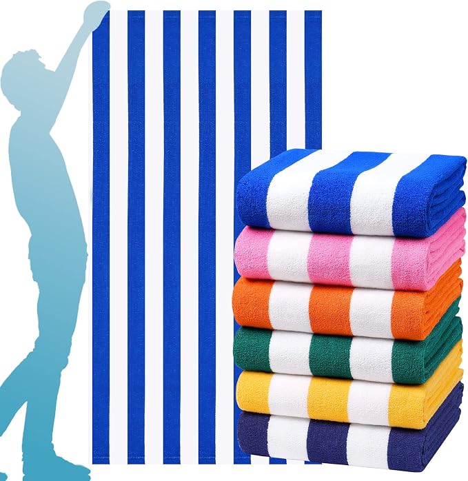 Genovega 6 Packs Stripe Beach Towel Thin Terry Set XL Big Extra Large Oversized Accessories Essentials Clearance Pool Travel Bath Swim Camping Soft Super Towels Bulk Men Women Adults Gift