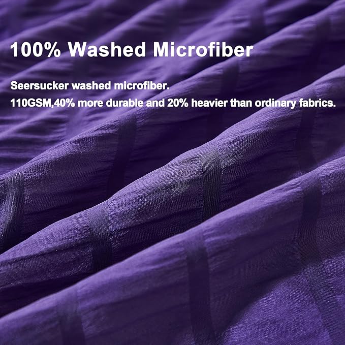 AveLom Seersucker Duvet Cover Set Queen Size (90 x 90 inches), 3 Pieces (1 Duvet Cover, 2 Pillow Cases), Dark Purple Ultra Soft Washed Microfiber, Textured Duvet Cover with Zipper Closure, Corner Ties