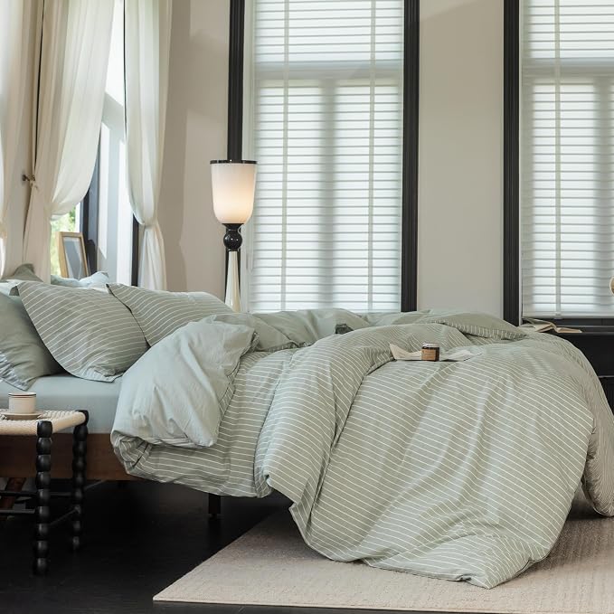 Reversible Duvet Cover Set 100% Washed Cotton Green Stripe Linen Feel Duvet Cover Full Size with Zipper Closure & 2 Pillow Shams, Celadon Green/White Stripe Reverse Solid Celadon Green