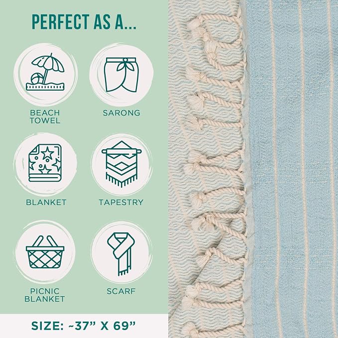 Sand Cloud Turkish Beach Towel - Sand Resistant & Quick Dry Towel | 100% Certified Organic Turkish Towel - Bath Towel or Beach Blanket for Picnic - As Seen on Shark Tank - Gocek (Sky Blue)