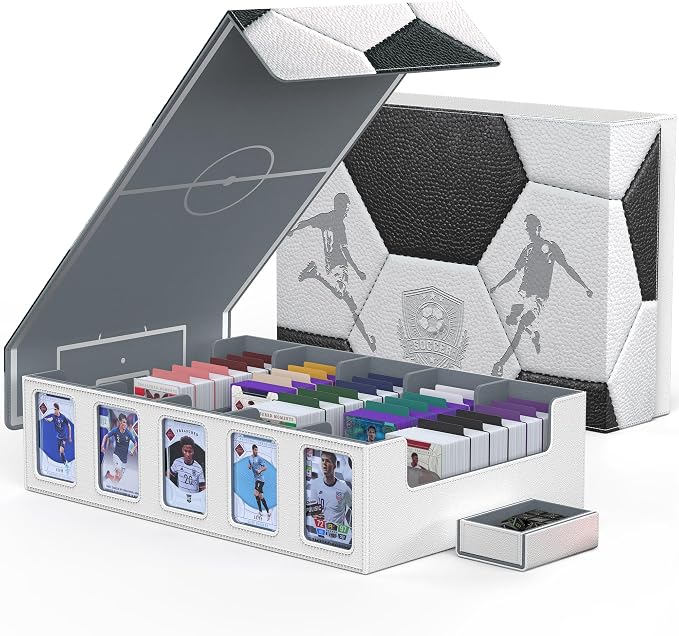 Kabinka Soccer Card Storage Box with Window Display, 5-Row Sport Card Storage Box, 3900+ Card Deck Box for Soccer Sports Card TCG, 5 Top Loaders, 5 Stoppers, 48 Dividers, 1 Dice Tray (Soccer 1)