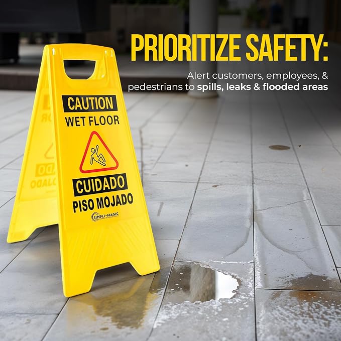Simpli-Magic 24" Height Wet Floor Caution Signs, 6 Pack – Double-Sided, Bilingual & Foldable Safety Warning Sign – Commercial Grade, Yellow, Plastic