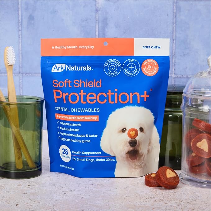 Ark Naturals Soft Shield Protection+ Brushless Toothpaste, Small Breed 28ct | Vet Formulated Soft-Baked Dog Dental Chew with Toothpaste Center - Freshens Breath and Prevents Plaque & Tartar