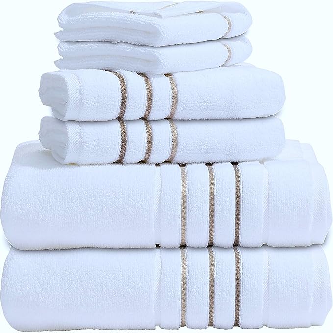 Bath Towels Set for Bathroom – Luxury 6-Piece Cotton Towels, Soft Absorbent & Quick Dry, 600 GSM Bath Towels for Bathroom, Hotel Spa Quality (White/Taupe, 6- Bath Towel Set)