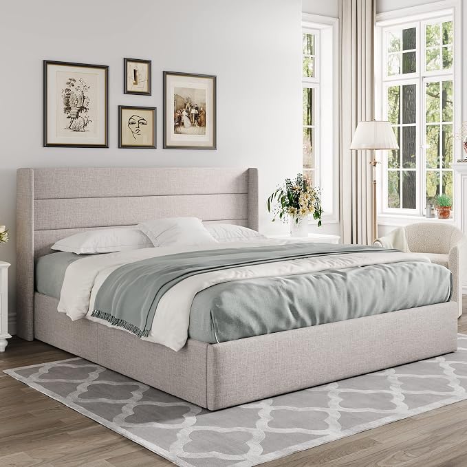 Allewie King Size Lift Up Hydraulic Storage Bed Frame Light Beige | Modern Wingback Headboard, Hydraulic Support Storage, No Box Spring Needed