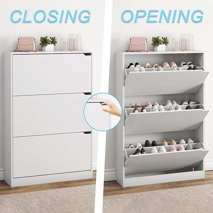 BORNOON Shoe Cabinet with 3 Flip Drawers, Hidden Wood Shoe Cabinet,Freestanding Shoe Storage Cabinet for Entryway Hallway.White. 47.2" H*31.5" W*9.45" D.