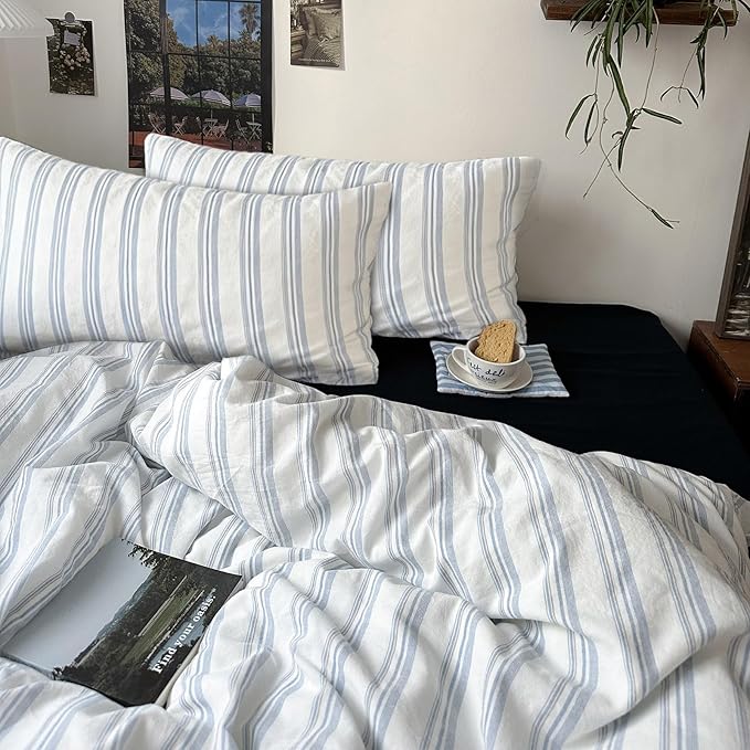 mixinni Vintage Blue & White Striped Duvet Cover Set - 3 Piece 100% Washed Cotton Twin Size Bedding | Minimalist Relaxed Style | Ultra Soft Breathable, with Zipper Closure & Corner Ties-Twin Size