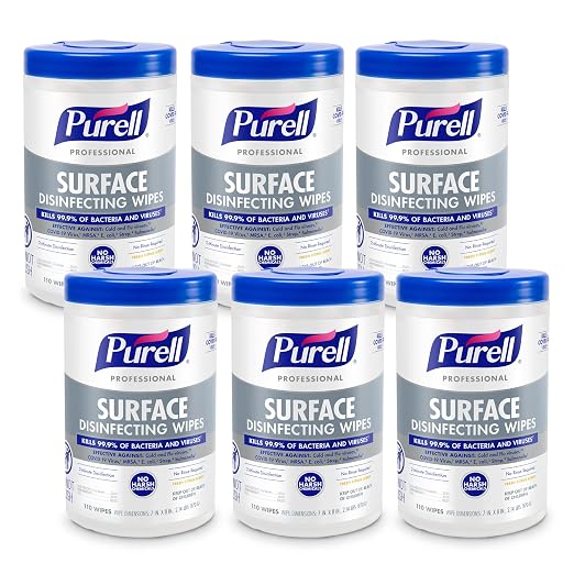 PURELL Professional Surface Disinfecting Wipes, Citrus Scent, 110 Count Canister, 7"x 8" Wipes (Pack of 6) - 9342-06