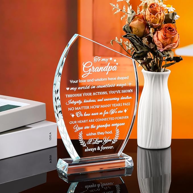 QIANWEI Glass Plaque Birthday Gifts for Grandpa from Grandkids, Best Grandpa Ever Gifts from Granddaughter, To My Grandfather Gifts for Christmas Thanksgiving Fathers Day Retirement