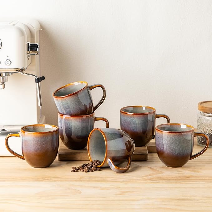 theterra Ceramic Coffee Mugs Set of 6, 12oz Handmade Coffee Cups with Handle for Latte, Tea, Milk, Beer, Hot Cocoa, Dusk Blue