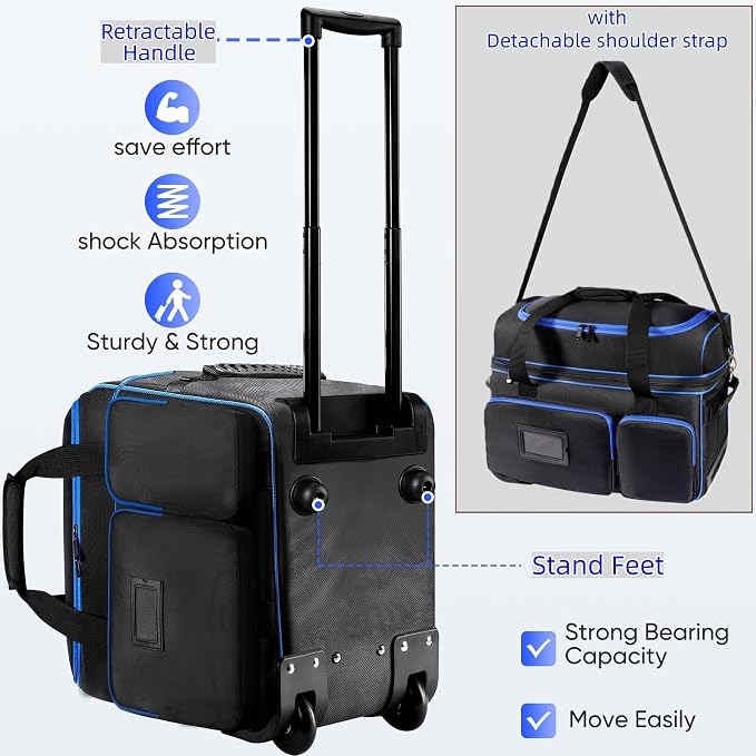 DJ Cable Organizer Bag with Wheels,Soft Gig Bag for DJ Equipment with 9 Detachable Dividers, Medium Padded Soft Storage Case with Multiple Pockets for Microphone, Cord, Headset & Music Accessories