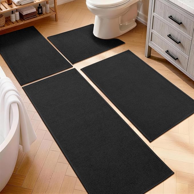 YIHOUSE Black Bathroom Rugs Sets 4 Piece, Quick Dry Thin Bath Mat with Toilet Rug, Non Slip Absorbent Machine Washable, Bath Runner Rugs for Bathtub Sink Home Decor