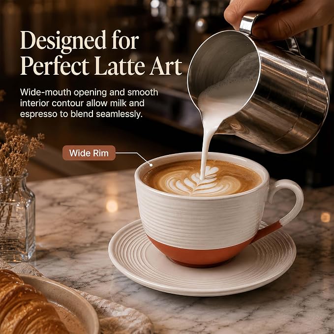 12 Oz Cappuccino Cups with Saucers, Coffee Cups Set of 4, Ceramic Tea Cup and Saucers, Wide Mouth Coffee Mugs for Latte Art, Cappuccino, Espresso & Cafe Drinks, Microwave Dishwasher Safe
