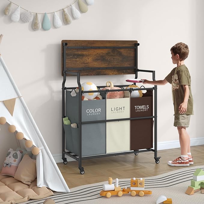 Hoctieon 3 Section Laundry Sorter with Iorning Board, Hamper with Wheels | Brown+Gray+Beige,Lockable Wheels, Laundry Basket Organizer, Heavy Duty Clothes Separator, Removable Bags,Rolling Laundry Cart