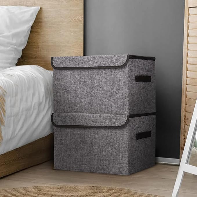 Bagnizer Large 42 Quarts Fabric Storage Bins with Lids [2-Pack] Linen Collapsible Foldable Storage Cubes, Closet Organizer Containers boxes with Handles for Home Office (16.7 x 12 x 12, Gray)