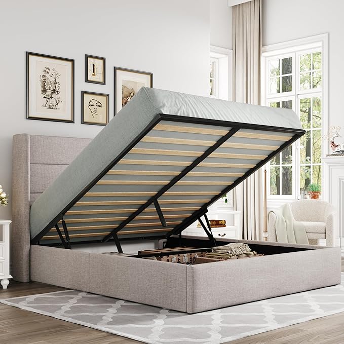 Allewie Queen Size Lift Up Hydraulic Storage Bed Frame Light Beige | Modern Wingback Headboard, Hydraulic Support Storage, No Box Spring Needed