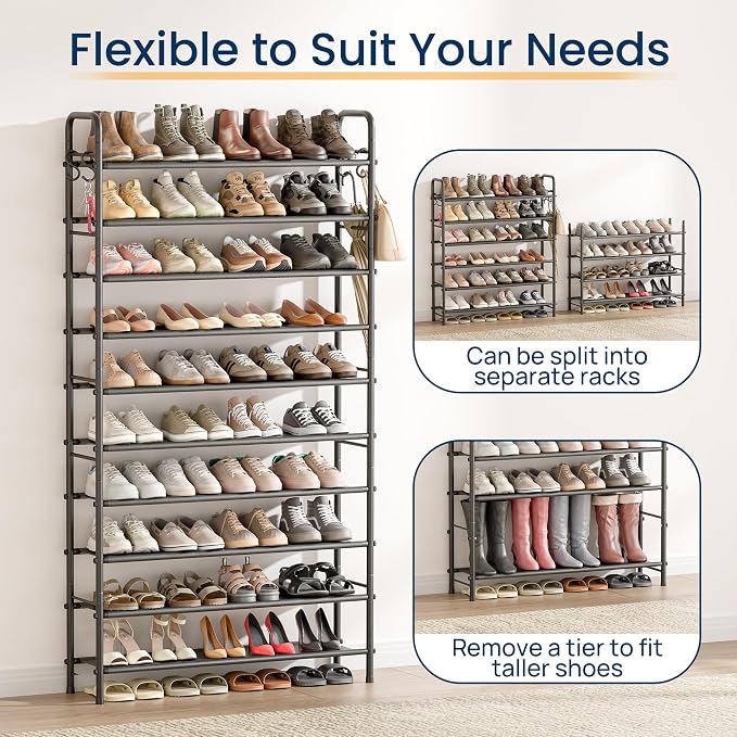 ENJOYBASICS 10 Tier Shoe Rack Garage Storage, Tall Metal Shoes Shelf, Black | Free Standing Shoe Holder for 44 Pairs, Sturdy Heavy Duty Shoe Organizer for Walk-in Closet, Guest Room, Garage, Entryway