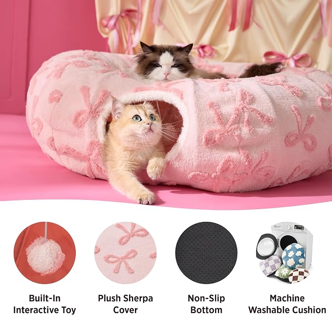 Lesure Large Cat Tunnel Bed - Cute Donut Bed for Indoor Cats with Washable Circle Cushion, Round Pet Peekaboo Cave Toy for Multi Kitten/Puppy/Rabbit, Large Pink Taffy