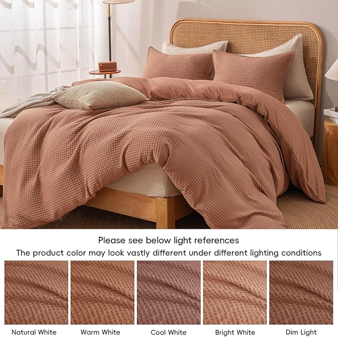 PHF Waffle Weave Duvet Cover Set Queen Size, No Snagging Ultra Soft Luxury Textured Breathable Comforter Cover for All Season 3pcs, Durable Bedding Duvet Set with 2 Pillow Shams, 90"x90", Terra Cotta