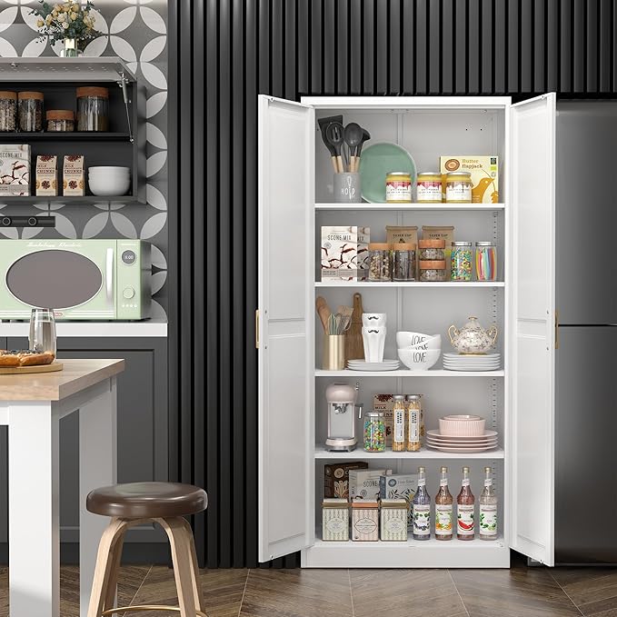 Steeloong 71"Metal Pantry Storage Cabinet with Doors & 4 Adjustable Shelves | Kitchen Pantry Cabinet,White Kitchen Cabinet with 2 Gold Handles,Tall Cabinet for Livingroom,Pantry, Bathroom,Kitchen