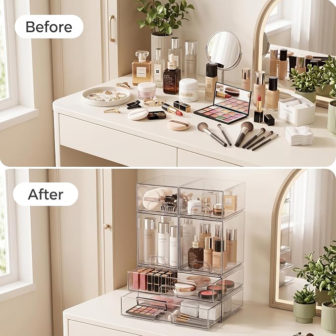 Clear Stackable Storage Drawers: Baby Bottle Storage Organizer, Acrylic Bottles Station Organizer Container for Countertop, Vanity, Bathroom, Cabinet Organization - 6 Pack