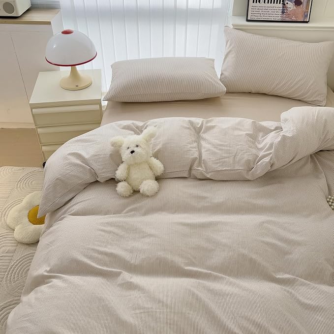 mixinni Tan Striped Duvet Cover Twin Size - 100% Washed Cotton Beige Pinstripe Comforter Cover with Zipper Closure, Lightweight & Breathable, 3 Pieces Minimalist Stripes Pattern Printed Bedding Set