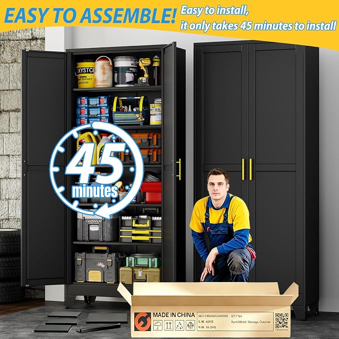 PAOFIN 75" Metal Storage Cabinet with 2 Doors and 5 Adjustable Shelves,Black Metal Garage Storage Cabinets, File Cabinet,Steel Tool Cabinets for Home,Office,Garage,School,Warehouse