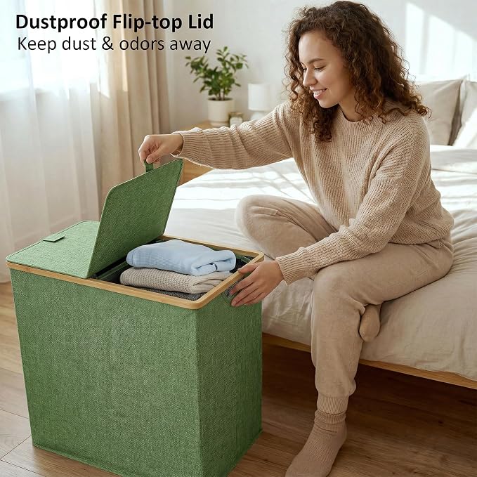 efluky Laundry Hamper with Lid, Double Laundry Basket with 2 Removable Bags, 2 Section Laundry Bin with Bamboo Handles for Bathroom, Bedroom & Laundry Room, 140L (36.9 Gallon) Sage Green