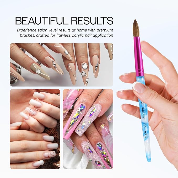 PANA USA Acrylic Nail Brush Pure Kolinsky Hair Acrylic White Swirl Blue Handle with Pink Ferrule Round Shaped - Size 12