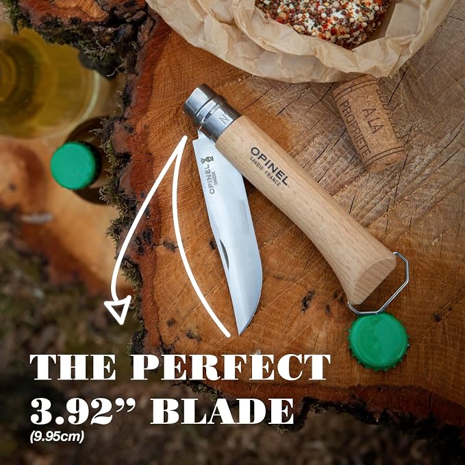Opinel No. 10 Stainless Steel Corkscrew Wine and Cheese Folding Knife, Integrated Corkscrew + Bottle Opener, Beechwood Handle - Picnic Pocket Knife Made in France (Updated Version)